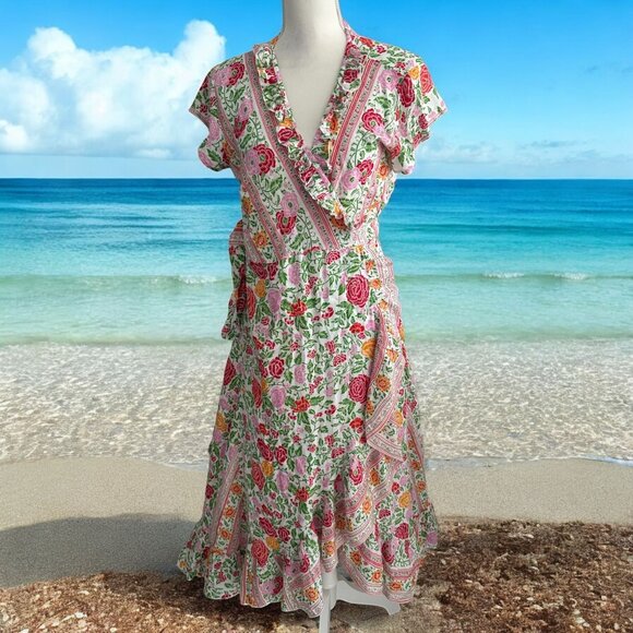 WALKER & WADE Floral Ruffle Trim Wrap Dress Size Medium - Picture 1 of 12